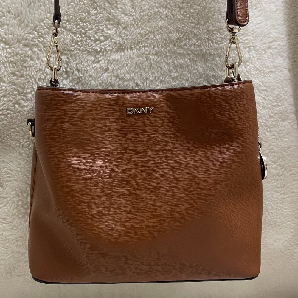 DKNY Bryant Bucket Shoulder Bag Rich Brown Color W/Gold Accents